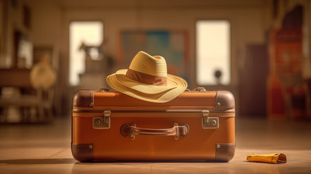 a brown suitcase with a hat on top.の素材