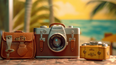 a camera and case on a table.の素材