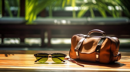 a brown bag and sunglasses on a table.の素材