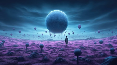 a person standing in a field with a large planet above it.の素材