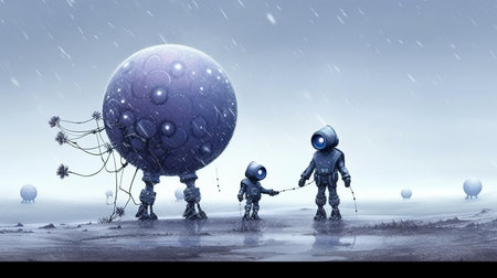a group of robots walking on a snowy ground.の素材