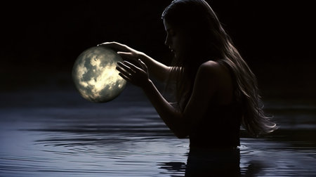 a woman holding a moon in the water.の素材