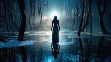 a woman standing in water with light shining through her hair.の素材