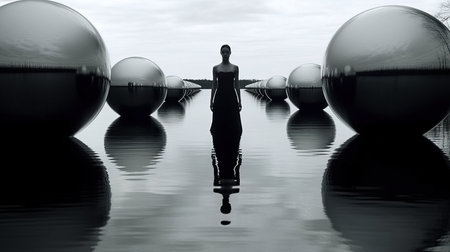 a woman standing in water with many spheres around her.の素材