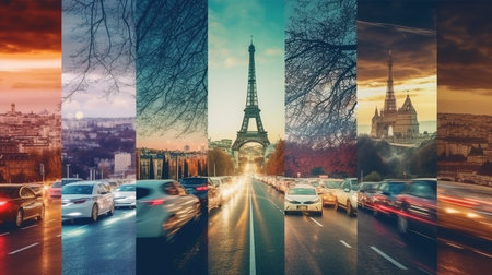 a collage of a city with a tower.の素材