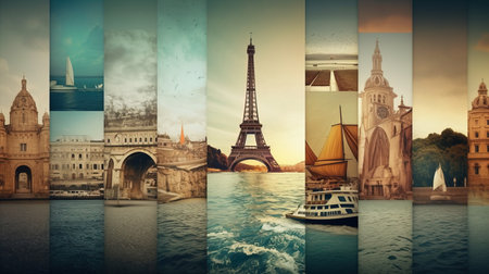 a collage of different pictures of a tower and a boat.の素材