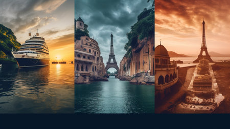 a collage of different buildings and a tower.の素材