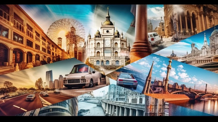a collage of different images of buildings and cars.の素材