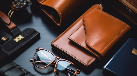 a wallet and glasses on a table.の素材