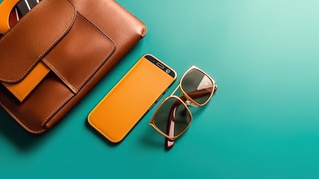 a phone and sunglasses next to a purse.の素材