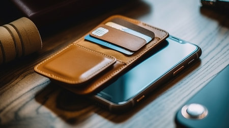 a phone with a wallet and credit cards in it.の素材
