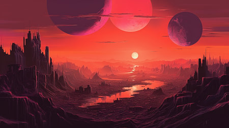 a landscape with mountains and a river and two planets.の素材