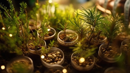 a group of small plants in small containers.の素材