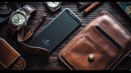 a phone and wallet on a table.の素材
