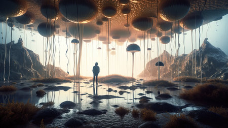 a person standing in a room with floating objects.の素材