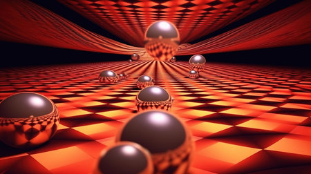 a close-up of spheres on a checkered floor.の素材