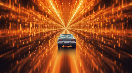 a car driving through a tunnel of lights.の素材