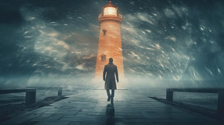 a man walking on a path to a lighthouse.の素材