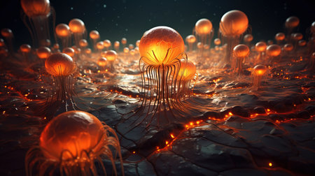 a group of glowing jellyfish.の素材