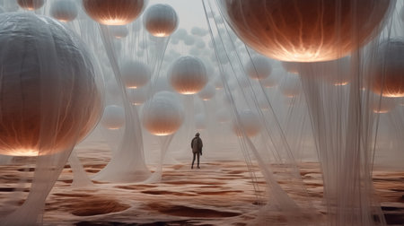 a person standing in a desert with white spheres.の素材