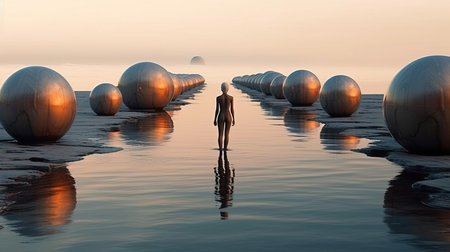 a person standing in water with many round spheres.の素材