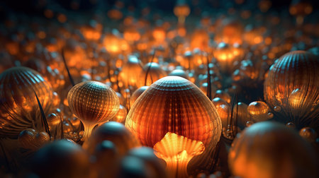 a group of glowing sea shells.の素材