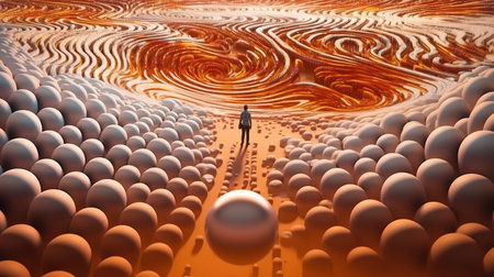 a person standing in a field of spheres.の素材