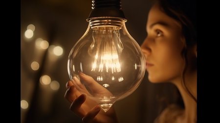a woman holding a lightbulb.の素材