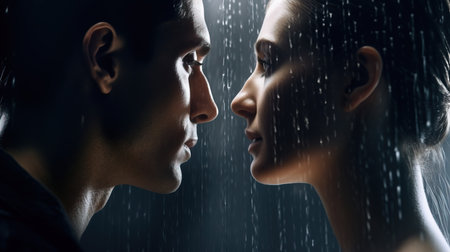 a man and woman looking at each other in the rain.の素材