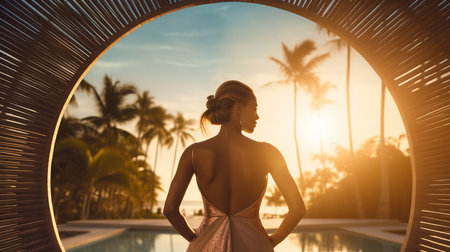a woman in a dress by a pool.の素材