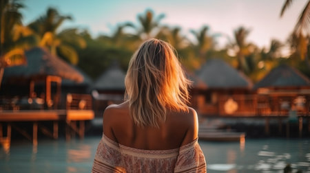 a woman standing in front of a pool.の素材