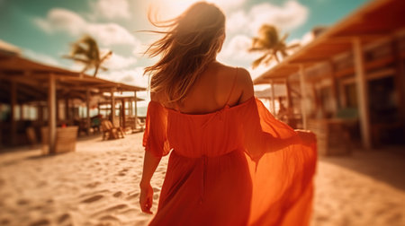 a woman in a red dress walking on a beach.の素材