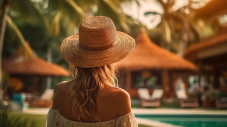 a woman wearing a straw hat.の素材