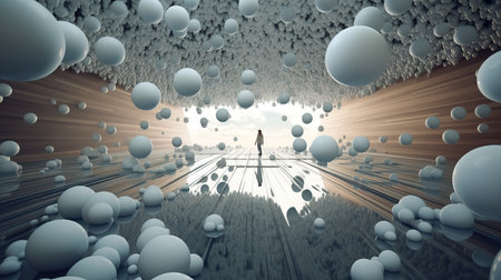 a person walking in a room with white balls.の素材