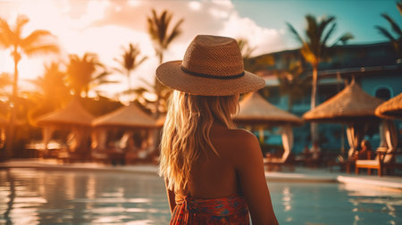 a woman wearing a hat and standing by a pool.の素材