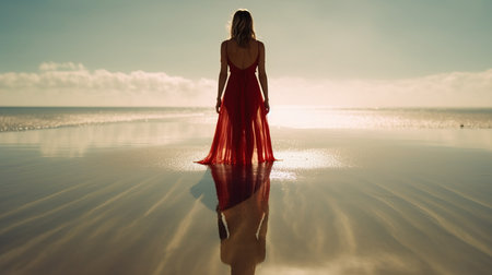a woman in a red dress standing on a beach.の素材