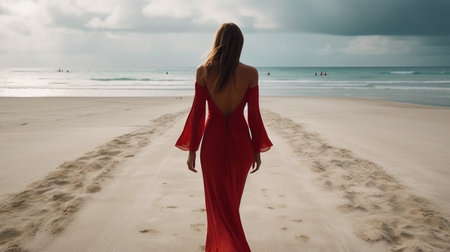 a woman in a red dress walking on a beach.の素材