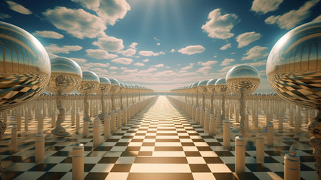 a chessboard with many spheres on it.の素材