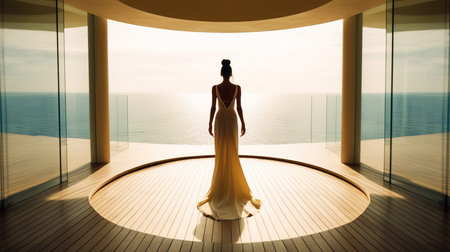 a woman in a white dress standing in a room with a view of the ocean.の素材