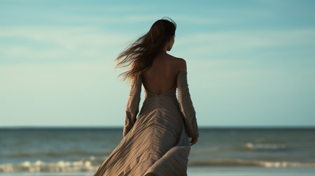 a woman in a long dress walking on a beach.の素材