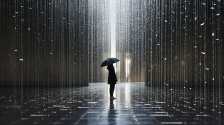 a person standing in a rain tunnel holding an umbrella.の素材