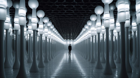 a person walking in a tunnel with many white lights.の素材