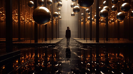 a woman standing in a room with shiny balls from the ceiling.の素材