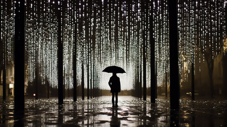 a person holding an umbrella in the rain.の素材