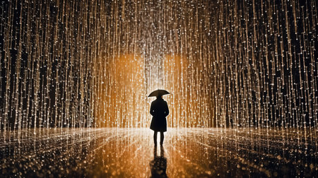 a person standing in the rain with an umbrella.の素材