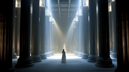 a woman in a white dress standing in a hallway with columns.の素材