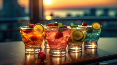 a group of glasses with different colored drinks.の素材