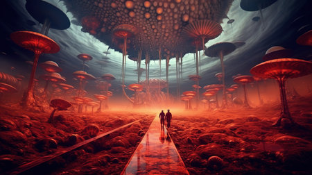 two people walking on a path in a red landscape.の素材