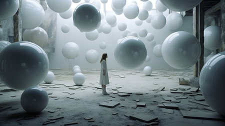 a woman standing in a room with white balls.の素材