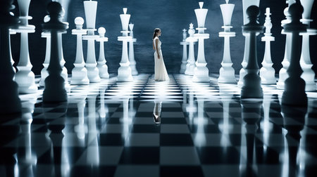 a woman in a white dress standing in front of a chess board.の素材